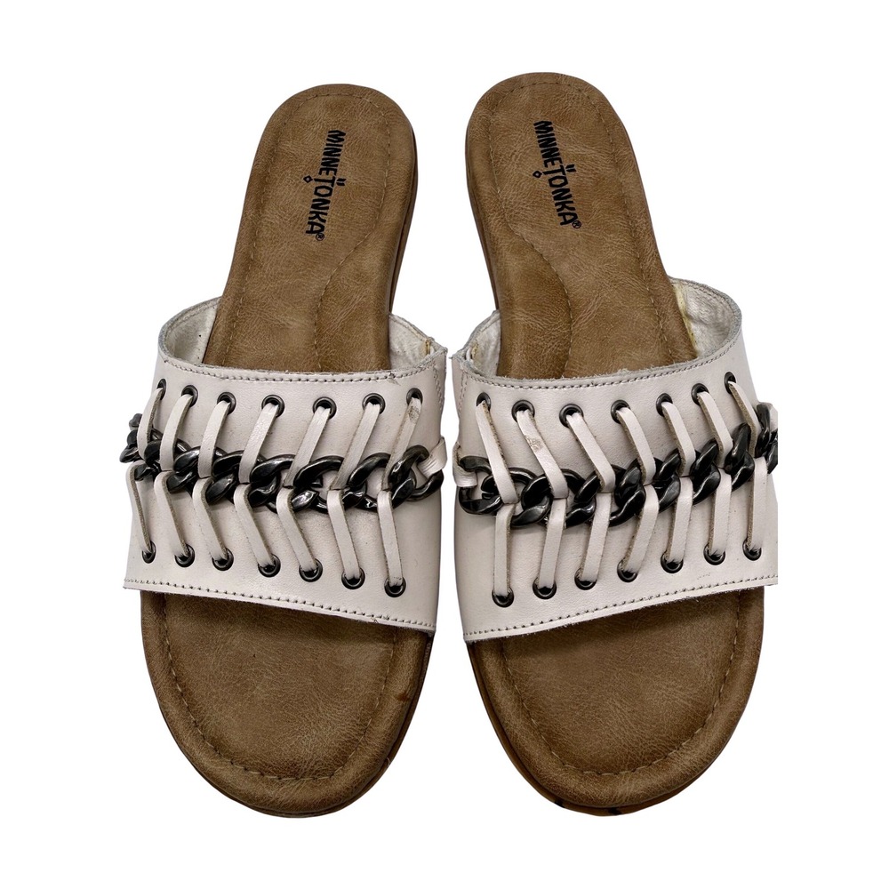 Minnetonka Womens‎ White Leather Chain Link Slide Sandals 71358 WHT Size 10